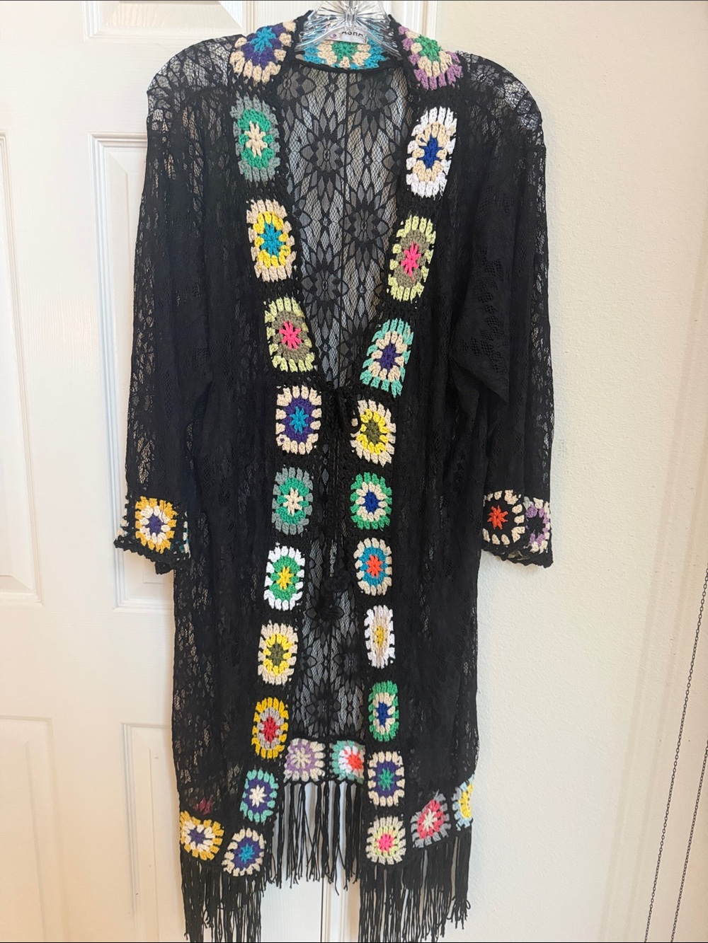 Black Lace Crochet-Trimmed Kimono Swimsuit Cover-up